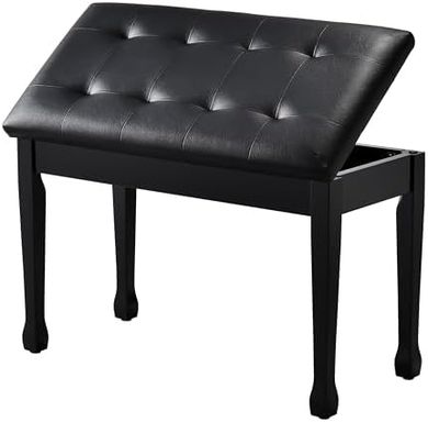 Black Wooden Piano Bench with Storage & Padded Cushion
