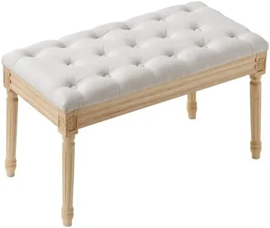 Beige Upholstered Bench with Rubberwood Legs