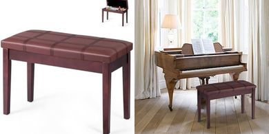 Elegant Solid Wood Piano Bench with Storage & Cushioned Duet Seat (Brown)
