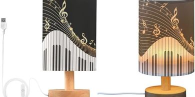 Gold Music Note Piano Lamp with Wood Base
