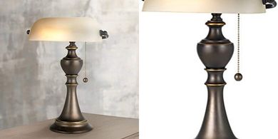 Regency Hill Haddington Banker Lamp: Antique Bronze, Alabaster Shade
