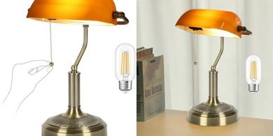 Nissafors Vintage Bankers Desk Lamp (Amber Glass, LED, Brass)
