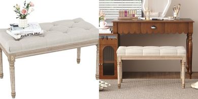 Beige Upholstered Bench with Carved Legs for Bedroom or Living Room
